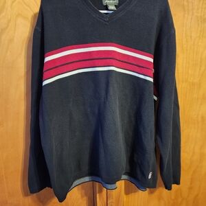 Vintage Eddie Bauer Men's Navy and Red Striped Sweater